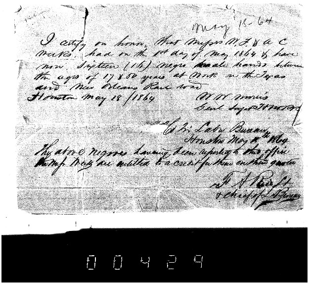 Certificate of Slaves Hired by WF Weeks to Railroad, May 18, 1864,
Weeks Family Papers, Reel 18, Frame
429.pdf