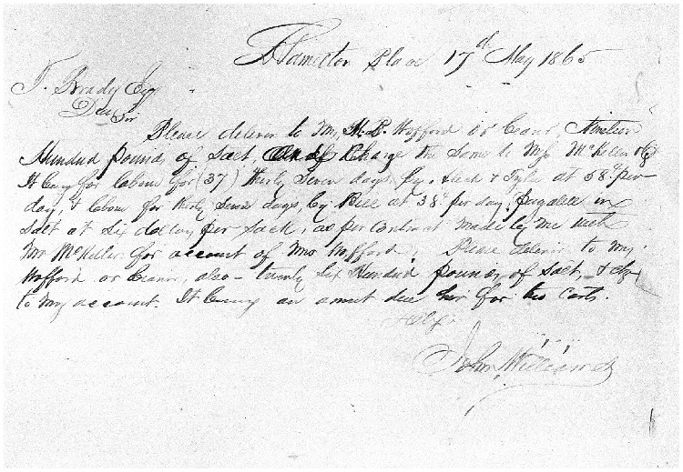 Receipt for Hire of Slaves by John Williams, May 17, 1865,
Pugh-Williams-Mayes Papers, Reel 7, Frame
290.pdf