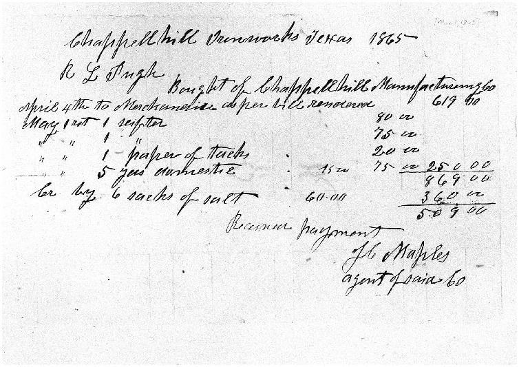 Receipt for Goods Purchased with Salt by Richard Pugh, 1865,
Pugh-Williams-Mayes Papers, Reel 7, Frame
287.pdf