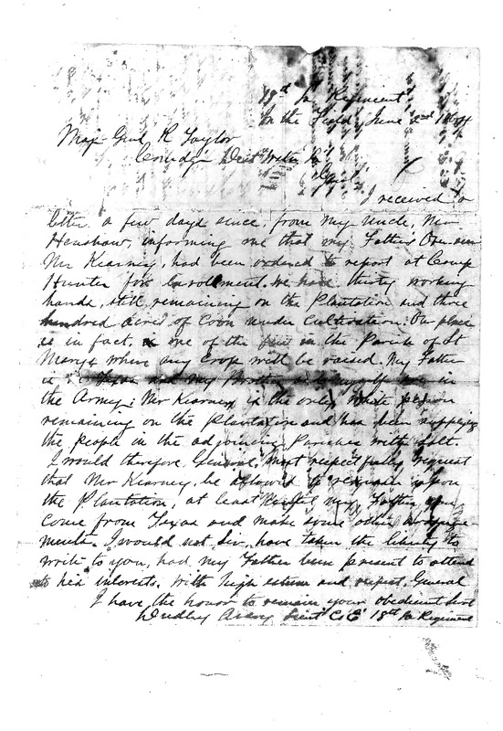 Dudley Avery to General R. Taylor, June 2, 1864, Avery Family Papers,
Records of the Antebellum Southern Plantations, Series J, Part 5, Reel
11, Frame
603.pdf