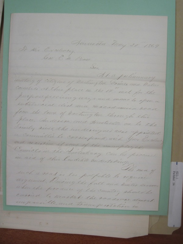 Letter Inquiring About Convict Labor on Roads,
1869.pdf