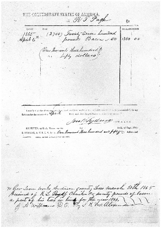 Receipts to RL Pugh for Payment of Tax in Kind, 1864 and 1865,
Pugh-Williams-Mayes Papers, Reel 7, Frame
297.pdf