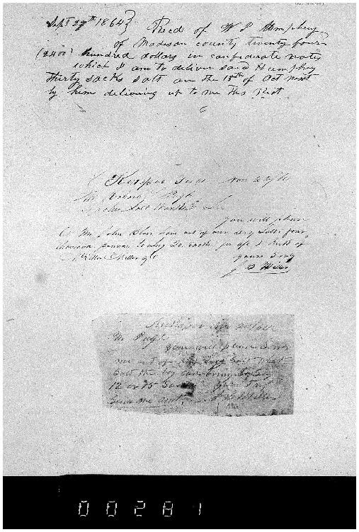 Receipts for Salt Produced by Pugh at Neches Saline,
Pugh-Williams-Mayes Papers, Reel 7, Frame
281.pdf